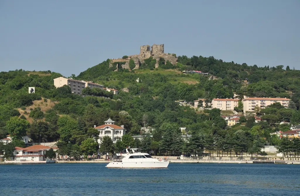 Anadolu Kavağı ve Yoros Kalesi; kıyıda evler ve yalı, yamaçta yeşillik, tepede kale, önde beyaz bir yat.