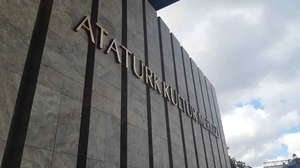 Atatürk Kültür Merkezi'nin taş yan duvarı; aşağıdan bakışta metal harflerle yazılmış bina adı ve bulutlu gökyüzü.