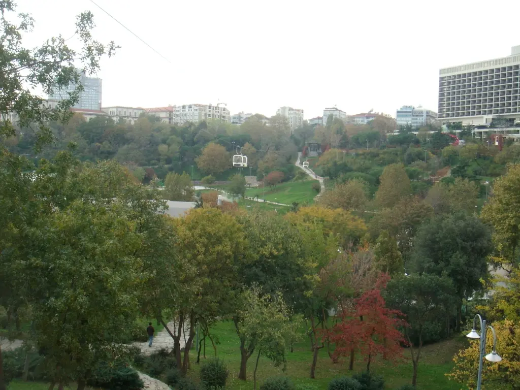 Maçka Demokrasi Parkı'nda vadinin geniş görünümü; yamaçtan inen yol, küçük bir teleferik kabini, önde kızarmış bir ağaç ve sağ üstte Hilton.