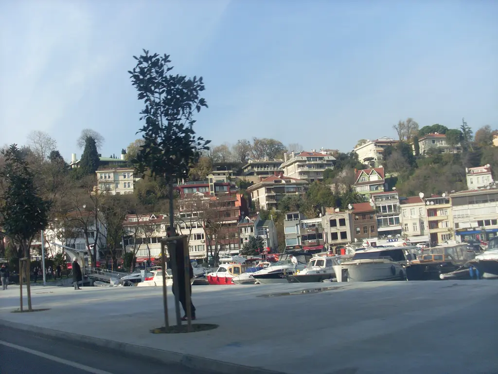 Tarabya Koyu'nda tekneler; kıyıda ağaçlar, yamaca basamak basamak dizilen evler ve açık mavi gökyüzü.