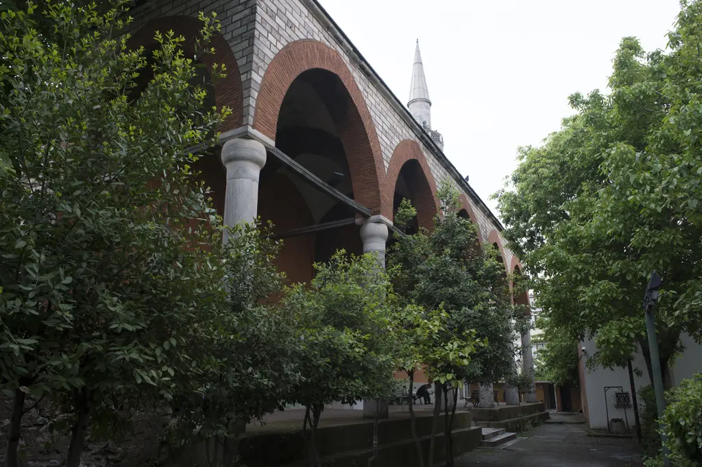 Rum Mehmed Paşa Camii'nin revakı; ağaç dalları arasından görünen kemerler, sütunlar ve kemerlerin üstünde pencereler.