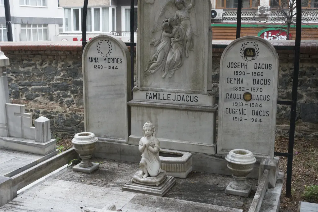 Feriköy'de Latin Katolik Mezarlığı; melek kabartmalı mermer bir aile mezarı, önünde diz çökmüş küçük heykel, arkada taş duvar.