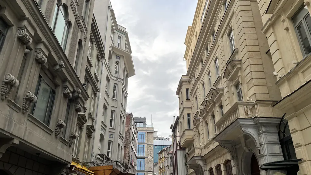 Karaköy'de bir sokak; iki yanda kabartmalı taş cepheli yüksek binalar, balkonlar ve bulutlu gökyüzü.