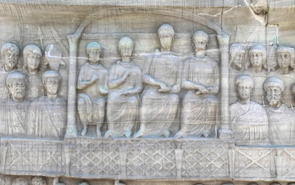 Dikilitaş kaidesinin batı yüzünden ayrıntı; kemerli locada oturan imparator ve iki yanındaki figürler, aşınmış mermer yüzey.
